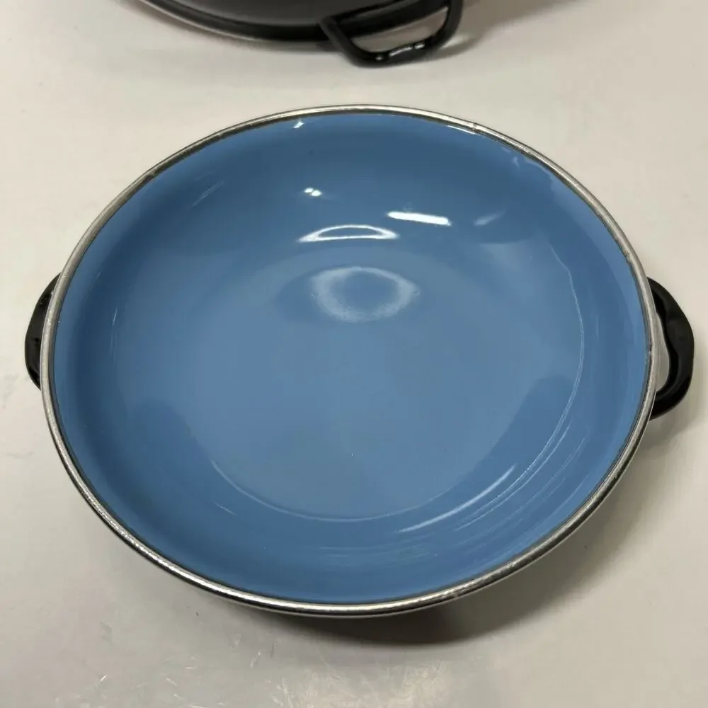 Vtg MCM Emo Celji Style Nesting Enamel Metal 2 Saute Pans Yugoslavia Blue Red